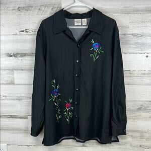 Vintage Allison Daley II Women's 1X Black Long Sleeve Embroidered Floral Shirt